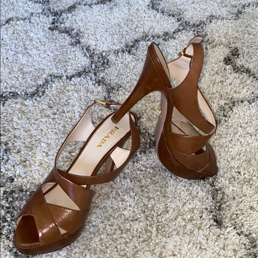 Prada Platform Tan Criss Cross Slingbacks! Mint!